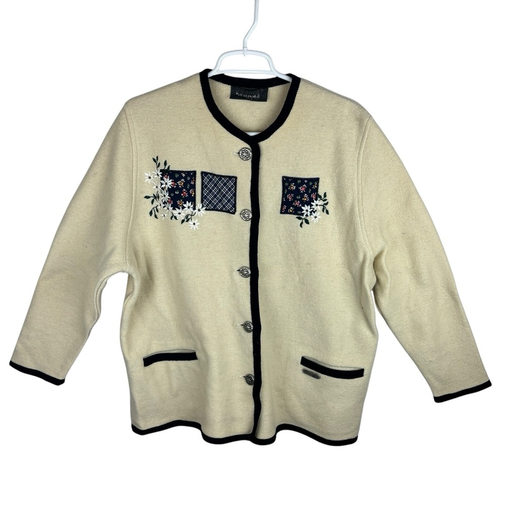Vintage Wesenjak Women Pure New Wool Cardigan Sweater Jacket Cream Blue US Sz 14